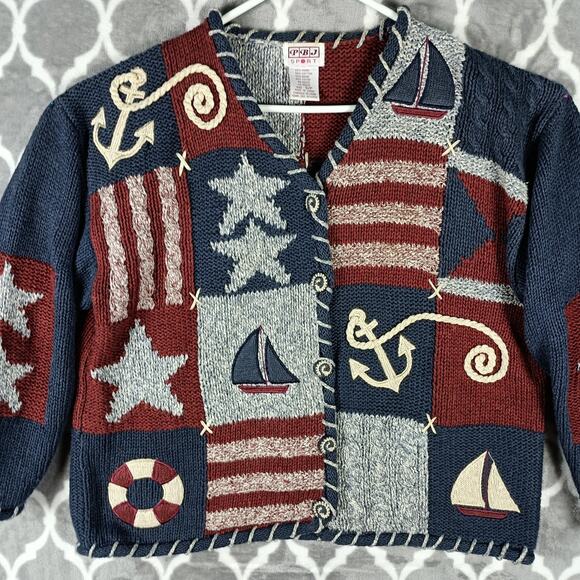 PBJ Sport Sweater Womens Small Nautical Red Blue Anchor Sailboat Stars Patchwork - Picture 3 of 10